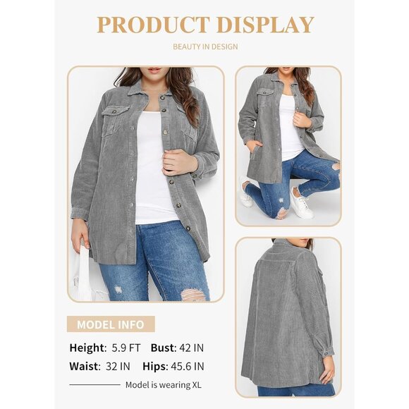 Womens Gray Plus Size Plaid Shacket Long Sleeve Button Down Casual Jacket - Picture 3 of 5